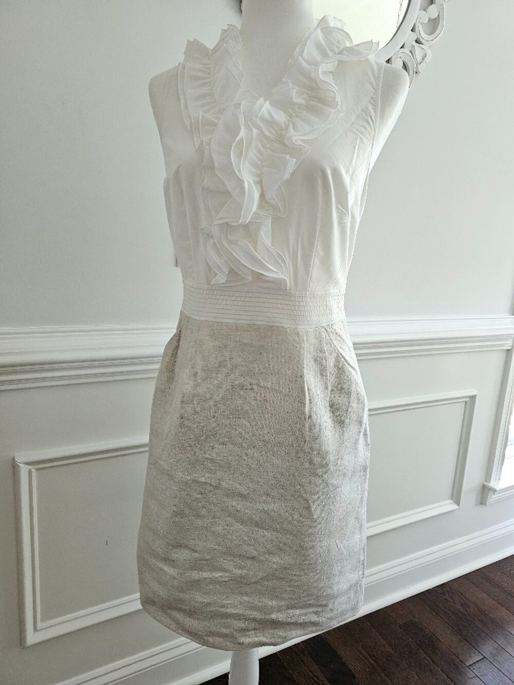 NWT Ann Taylor LOFT Mixed Media Dress - White Ruffle Top & Metallic Silver Gold